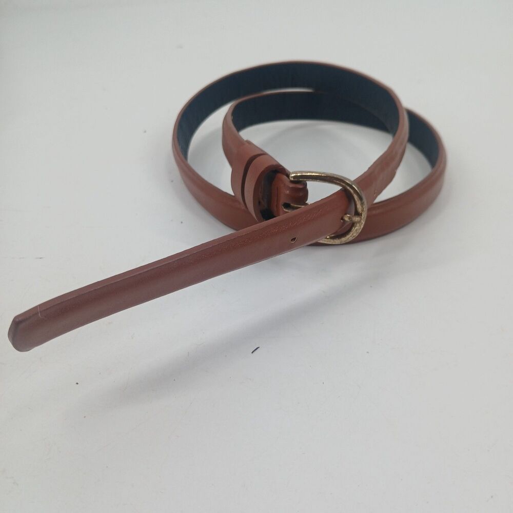 Women's Brown Faux Leather Thin Belt Brass Buckle Size M/L